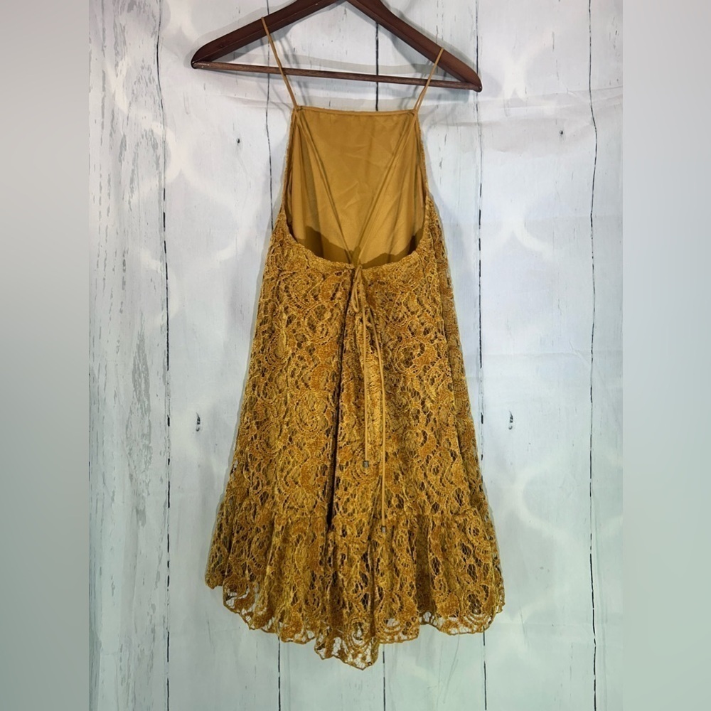 🌼Free People🌼 Fairy Lights Lace Tent Dress Womens Gold Velvet Strappy Mini Sz XS - Picture 7 of 14